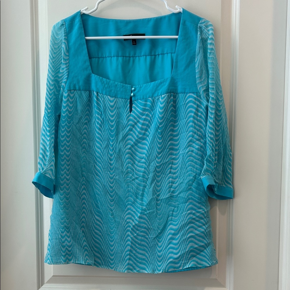 Express Elegant Turquoise pattern print Blouse Top 3/4sleeve 100%Silk trim sz L